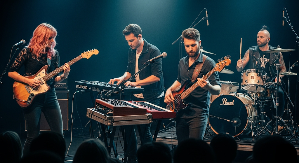 YESGUITAR: Músicos tocando com suportes e bancos de teclado e piano